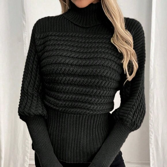 Black High Collar Cable Knit Women's Sweater - Picture 5 of 6